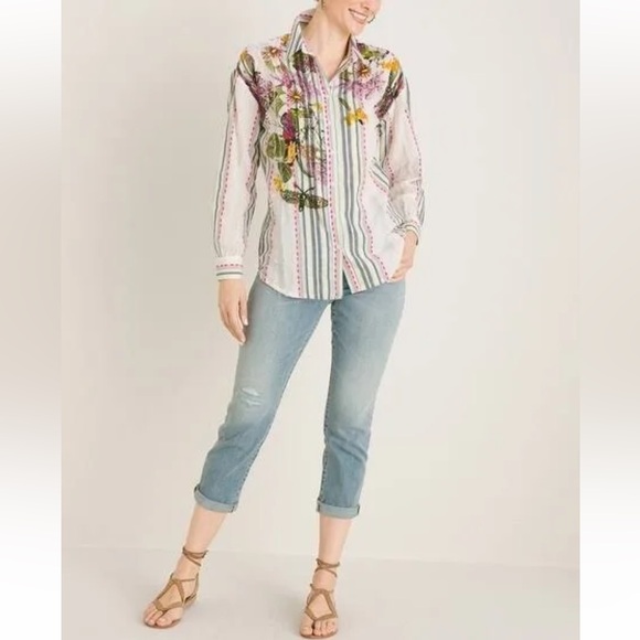 Chico's Striped Embellished Button-up Top Embroidered Beaded Butterfly Size 16 - Picture 1 of 13